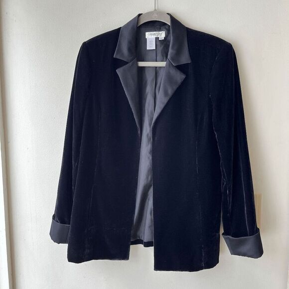 NWOT Midnight Blue Velvet Blazer Black Satin Lapel Cuffs Size M - Picture 5 of 9
